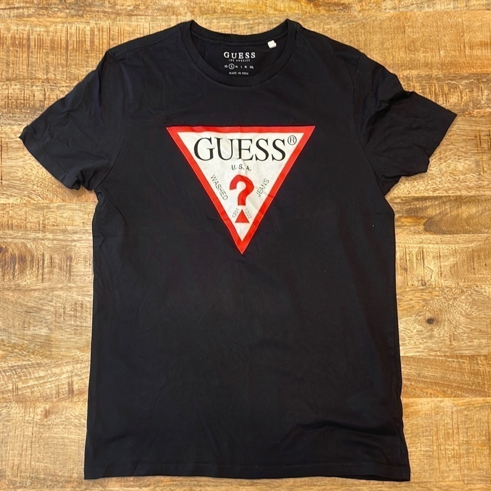Guess Black Short Sleeve Logo Tee with Red & White Triangle